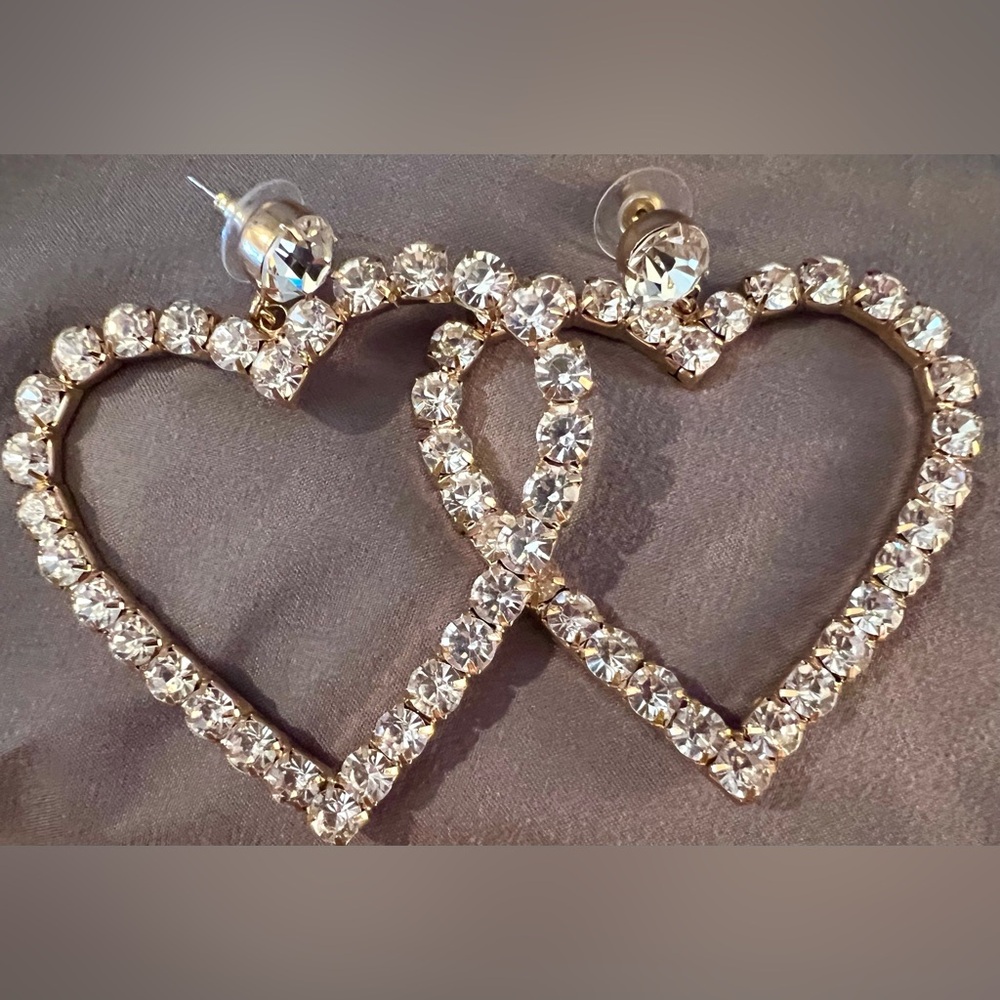 Gold Crystal Heart Hoop Earrings - New - Large - Sparkling and Beautiful